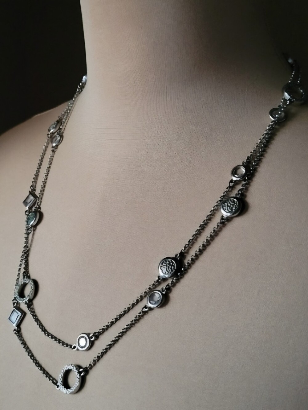 Silver Tone Double Strand Necklace Crystal Geometric Layered Boho Statement